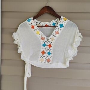 Guazey Semi-Sheer Off White Side Tie Boho Crop Top With Multi-Color Crochet
